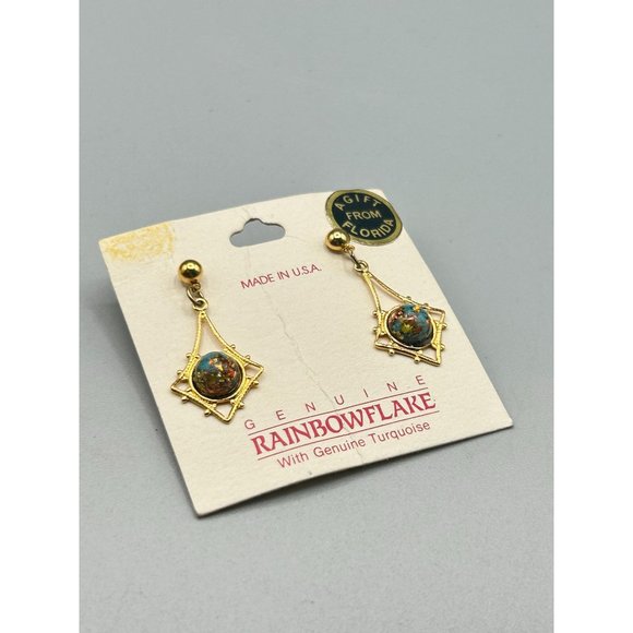Vintage Rainbowflake Earrings Pierced Dangles Genuine Turquoise New Old Stock - Picture 2 of 7